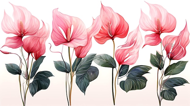 set di disegni ad acquerello di fiori e foglie tropicali della foresta tropicale di anthurium