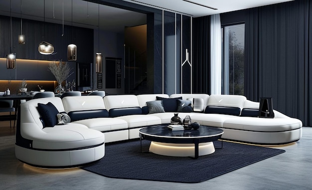 Set di divani moderni in bianco e nero con eleganza cinematografica