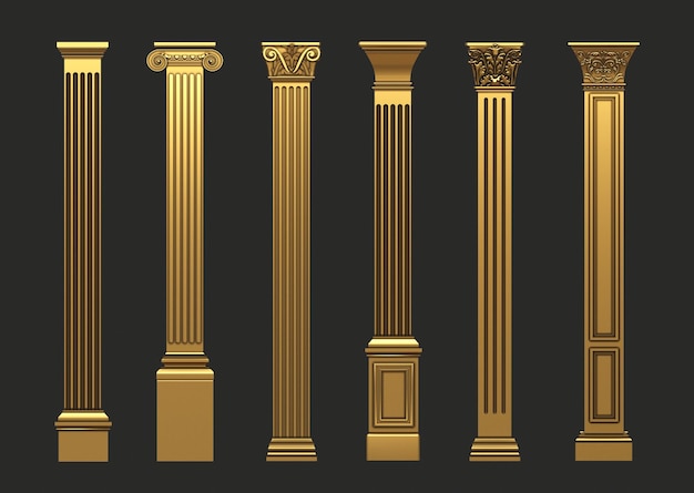 Set di diverse colonne dorate classiche pilastri