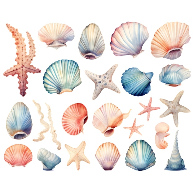 Set di diverse conchiglie marine coralli e stelle marine Illustrazione vettoriale ad acquerello