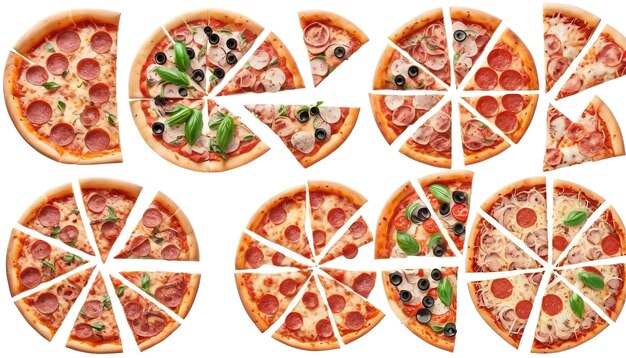 Set di diverse fette di pizza isolate su sfondo bianco