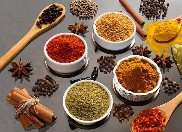 Set di diverse spezie indiane per il cibo meny gustoso