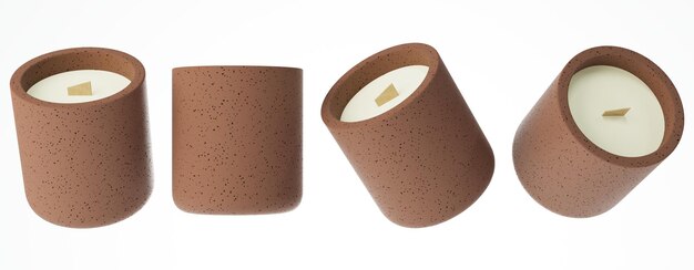 Set di diversi angoli di candela fatta a mano con stoppino in legno in barattolo di cemento bianco 3D render branding e mockup design concetto di prodotto pronto