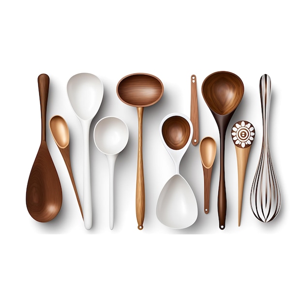 set di diversi cucchiai in legno madreperla argento e corno quelli isolati cibo
