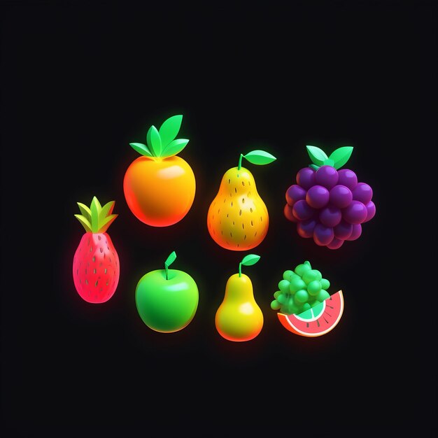 set di diversi frutti su uno sfondo nero illustrazione di rendering 3D set di frutti diversi