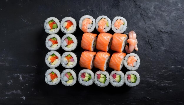 Set di diversi rotoli di sushi con salmone, pollo, gamberetti e verdure su uno sfondo rustico nero