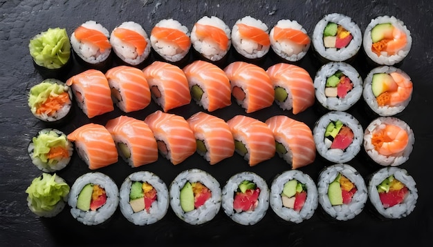 Set di diversi rotoli di sushi con salmone, pollo, gamberetti e verdure su uno sfondo rustico nero