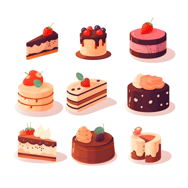 Set di diversi tipi di torte in stile cartone animato Illustrazione vettoriale