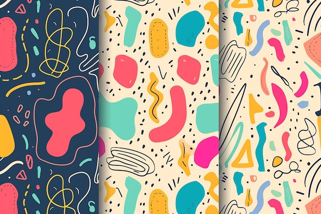 Set di divertenti linee colorate doodle modello senza cuciture collezione di sfondo artistico in stile minimalista creativo per bambini o design alla moda con forme di base semplice sfondo scribbling infantile bundle alto