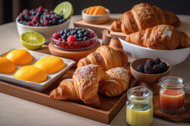 Set di dolci per la colazione e frutta pronti da servire creati con intelligenza artificiale generativa