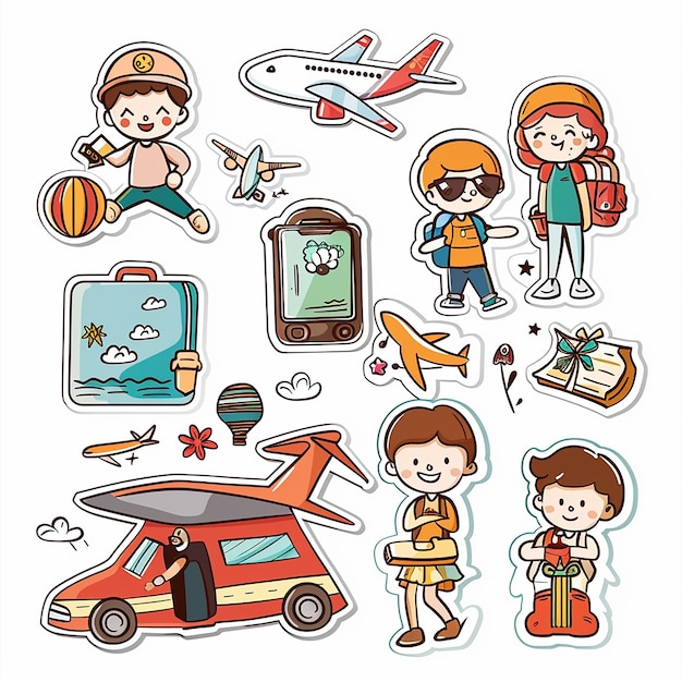 set di doodle di cartoni animati per viaggi estivi