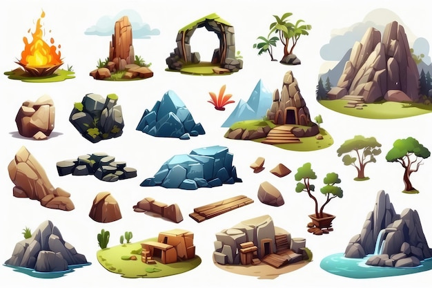 Set di edifici diversi alberi pietre rocce piante isole terra volante e elementi naturali