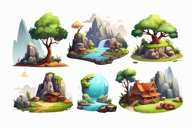 Set di edifici diversi alberi pietre rocce piante isole terra volante e elementi naturali