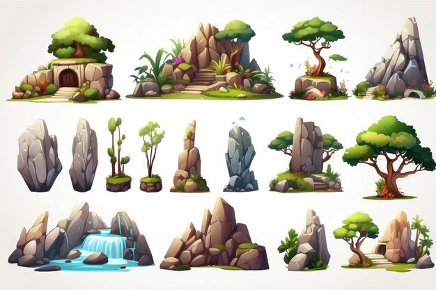 Set di edifici isolati alberi pietre rocce piante isole terra volante e elementi naturali