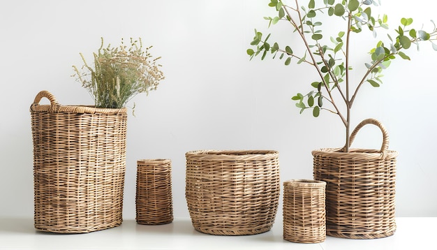 Set di eleganti cesti di rattan su sfondo bianco