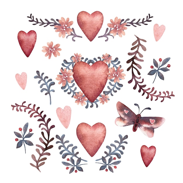Set di elementi decorativi astratti rossi isolati su sfondo bianco per il giorno di San Valentino