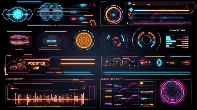 Set di elementi dell'interfaccia utente moderna Sci FiHudGUI per la progettazione dello sfondo del gioco Sfondo tecnologico Dati digitali IA generativa