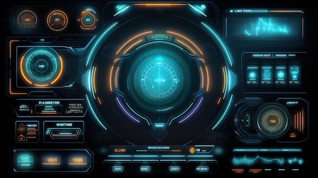 Set di elementi dell'interfaccia utente moderna Sci FiHudGUI per la progettazione dello sfondo del gioco Sfondo tecnologico Dati digitali IA generativa