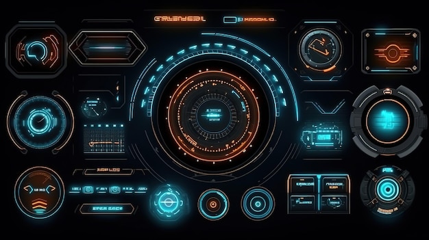 Set di elementi dell'interfaccia utente moderna Sci FiHudGUI per la progettazione dello sfondo del gioco Sfondo tecnologico Dati digitali IA generativa