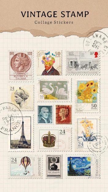Set di elementi di design per adesivi collage di francobolli vintage