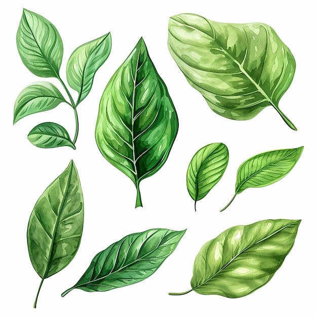 Set di elementi di foglie verdi ad acquerello Collezione botanica isolata su sfondo bianco