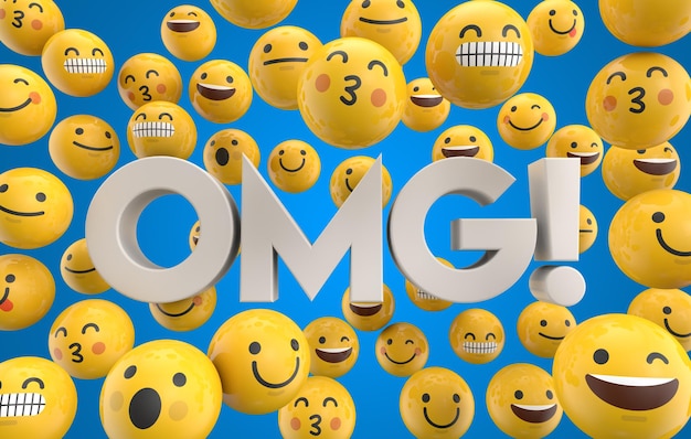 Set di facce di personaggi emoticon emoji con la parola OMG 3D Rendering