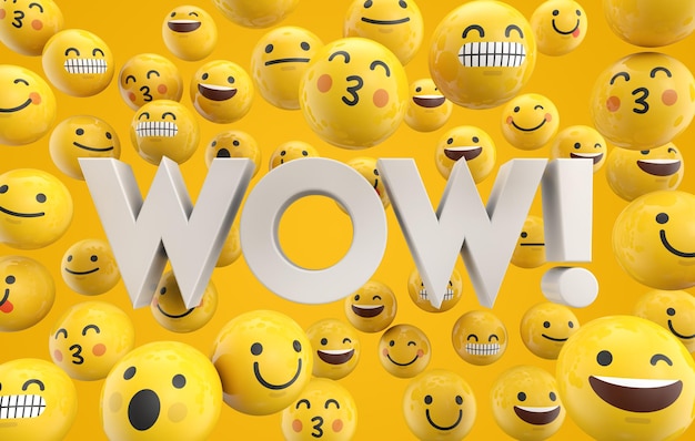 Set di facce di personaggi emoticon emoji con la parola WOW 3D Rendering