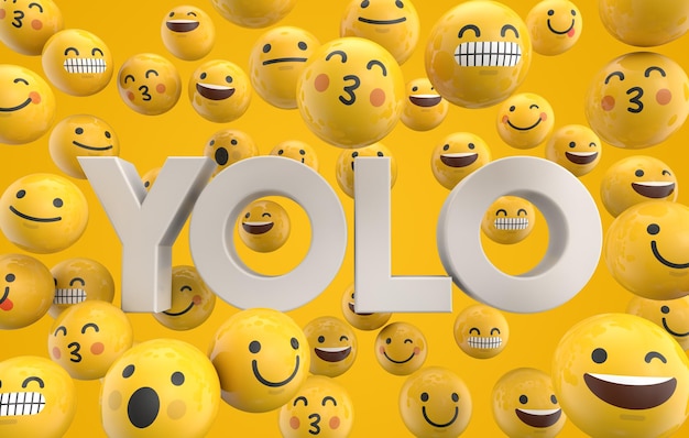 Set di facce di personaggi emoticon emoji con la parola Yolo 3D Rendering