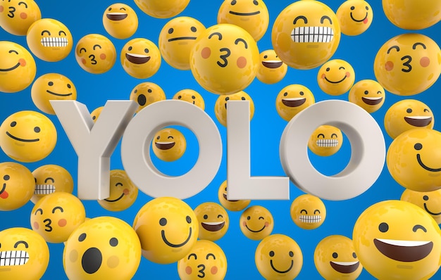 Set di facce di personaggi emoticon emoji con la parola Yolo 3D Rendering