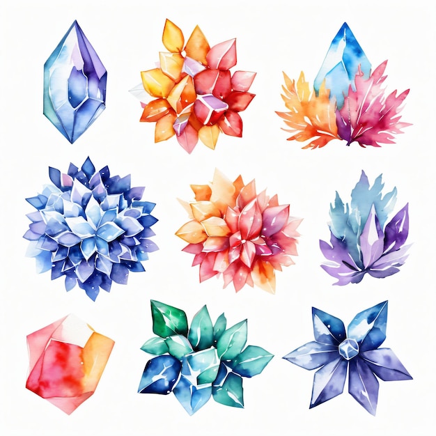 Set di fasci di acquerelli dei colorati cluster di cristalli set clipart