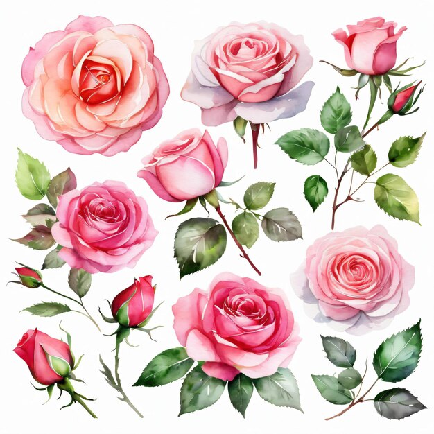 Set di fasci di acquerello del fiore di rosa rosa e foglie elementi set clipart