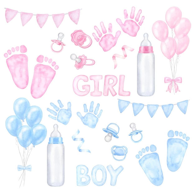 Set di festa per rivelare il genere Nozza neonata ragazza o ragazzo rosa bandiere blu bottiglia di latte ciuccio impronta di mano arco palloncino acquerello disegnato a mano illustrazione isolata su sfondo bianco doccia per bambini