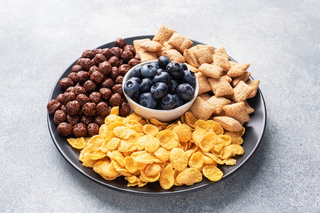 Set di fiocchi di cereali secchi per colazione con latte e frutti di bosco. Cibo naturale sano. copia spazio Tavolo grigio cemento