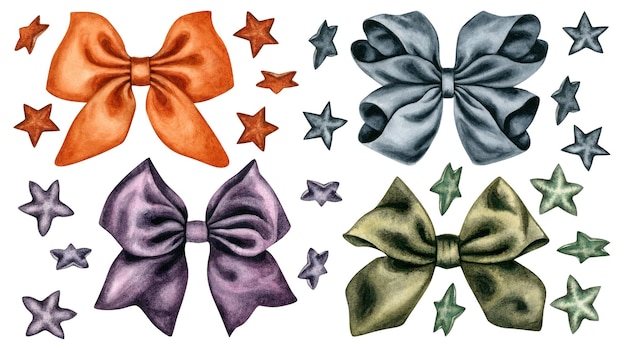 Set di fiocchi e stelle di colore arancione, viola, grigio e verde. Elementi isolati su sfondo bianco