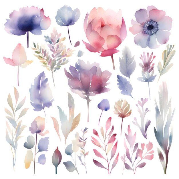 Set di fiori ad acquerello Elementi floreali disegnati a mano Illustrazione vettoriale
