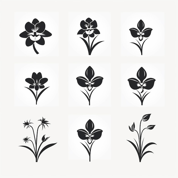 Set di fiori bianchi e neri silhouette icone illustrazione vettoriale