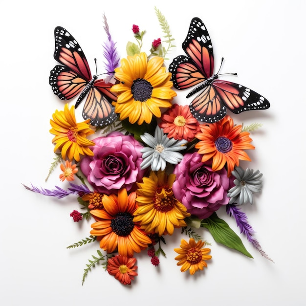 Set di fiori con alcune farfalle monarca che volano intorno a loro