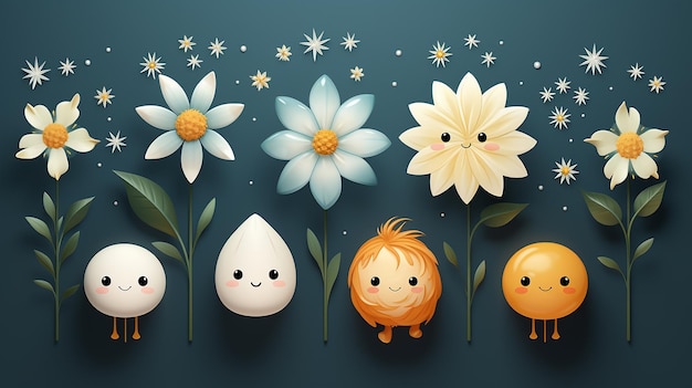 Set di fiori di margherita e stelle su sfondo grigio illustrazione vettoriale personaggio cartoon carino