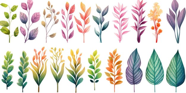 Set di foglie di piante in stile acquerello piante della giungla foglie brillanti e succulente