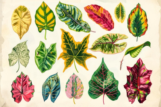 Set di foglie esotiche illustrazione botanica vintage colorata