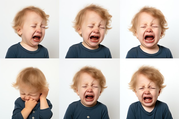 set di foto di un primo piano di una foto di un bambino bambino carino che piange e urla