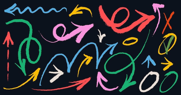 Set di frecce a gesso colorate Grunge simboli a carbone disegnati a mano per diagrammi disegnati A mano