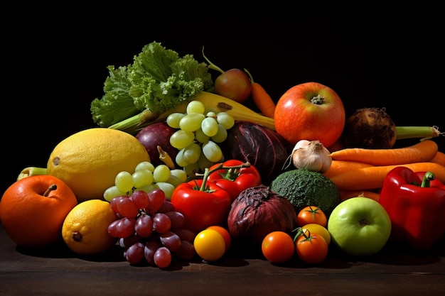 Set di frutta e verdura fresche e luminose sul tavolo Cibo sfondo luce soffusa fotografia pubblicitaria fotografia commerciale AI generativa