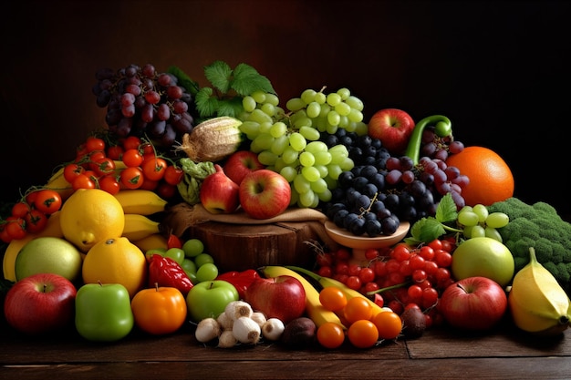 Set di frutta e verdura fresche e luminose sul tavolo Cibo sfondo luce soffusa fotografia pubblicitaria fotografia commerciale AI generativa