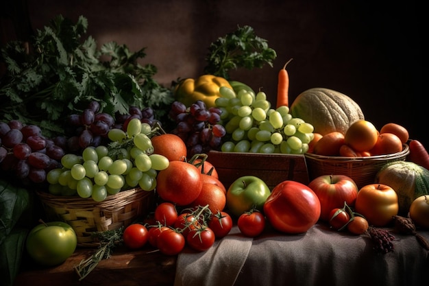 Set di frutta e verdura fresche e luminose sul tavolo Cibo sfondo luce soffusa fotografia pubblicitaria fotografia commerciale AI generativa