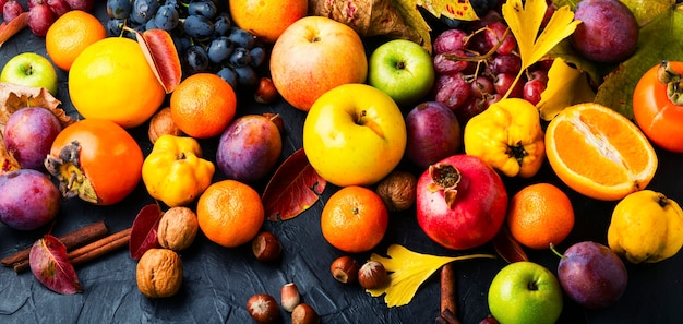 Set di frutta, uva e noci. Cibo autunnale ancora in vita con frutti di stagione