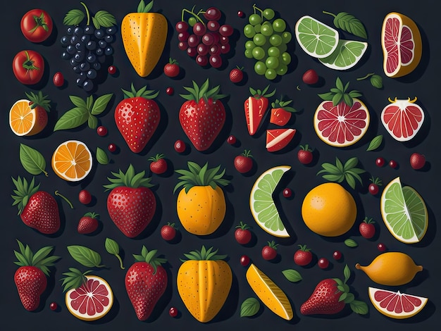 Set di frutti su sfondo nero ai generativo