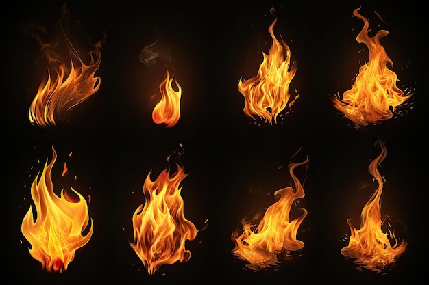 Set di fuoco e fiamma ardente isolato su sfondo scuro