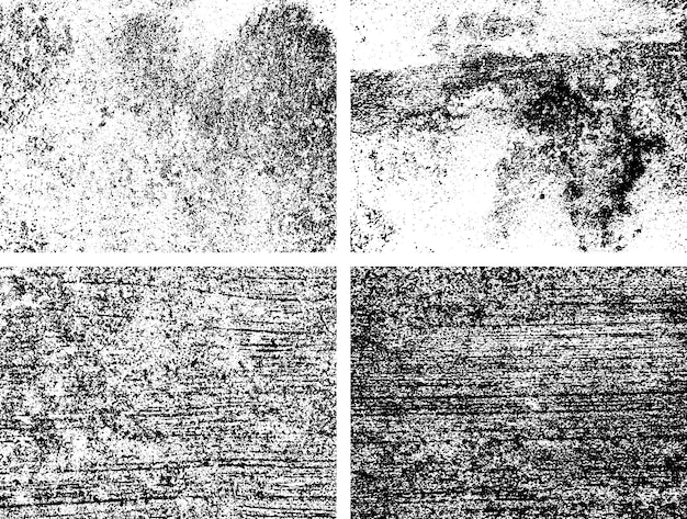 Set di grunge in bianco e nero, texture di sovrapposizione di distress, polvere superficiale e sfondo di parete sporco e ruvido.