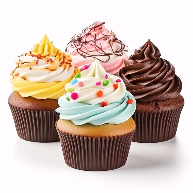 Set di gustosi cupcake colorati su sfondo bianco
